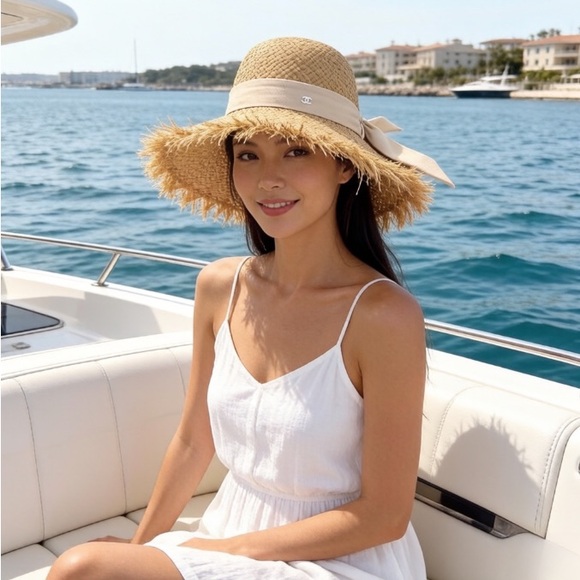 Meet the Posher Accessories - Chanel Natural Straw Wide-Brim Sun Hat with Beige Ribbon